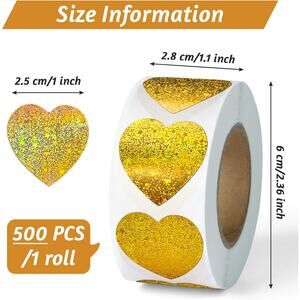 500 label roll Gold Glittery Heart Stickers, Adhesive Gold Metallic Craft Supply